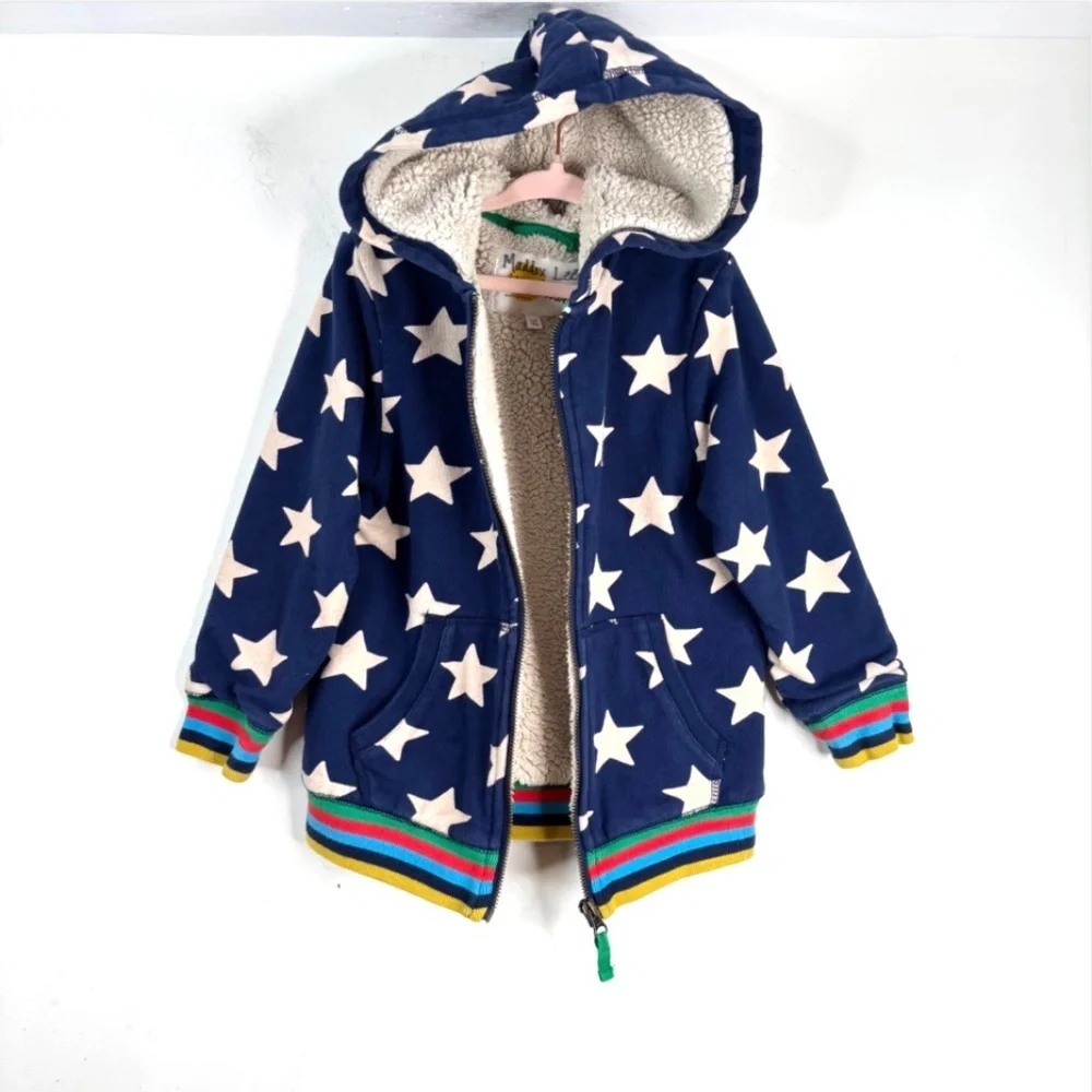 Mini Boden Sherpa Lined Star Hoodie 5-6Y Rainbow Trim Unisex Navy Preppy School
